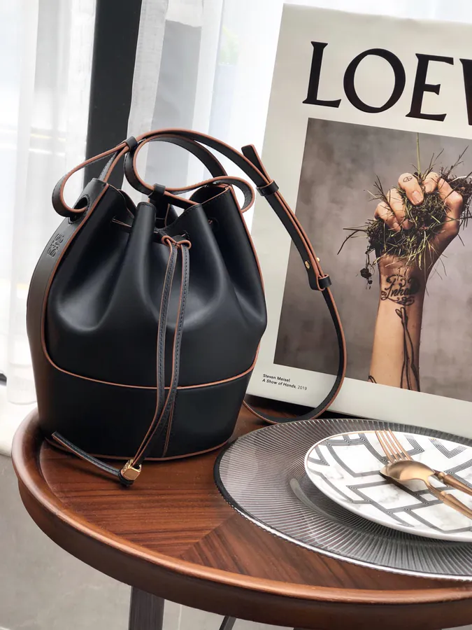 Premium Quality Original Leather Balloon Bucket Bag Small Black