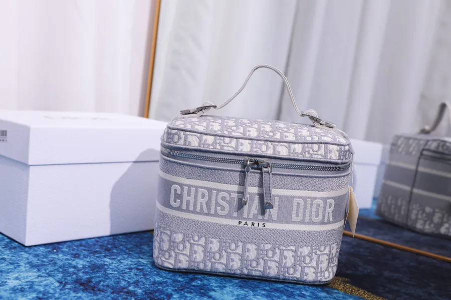 DiorTravel Vanity Bag Blue Oblique Print, Christian Dior Logo, 24x17x13.5cm