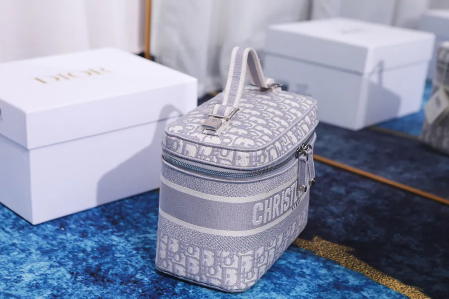 DiorTravel Vanity Bag Blue Oblique Print, Christian Dior Logo, 24x17x13.5cm