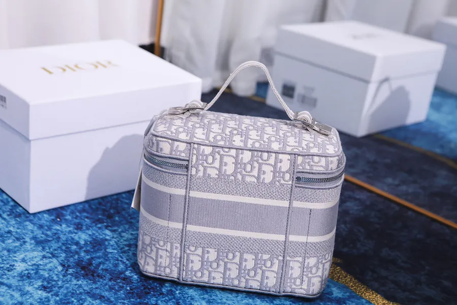 DiorTravel Vanity Bag Blue Oblique Print, Christian Dior Logo, 24x17x13.5cm