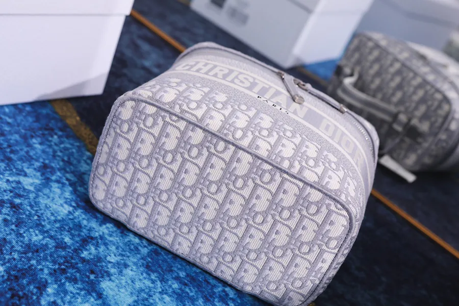 DiorTravel Vanity Bag Blue Oblique Print, Christian Dior Logo, 24x17x13.5cm