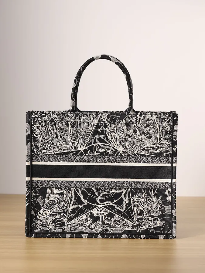 Dior Book Tote in Black with White Around the World Embroidery