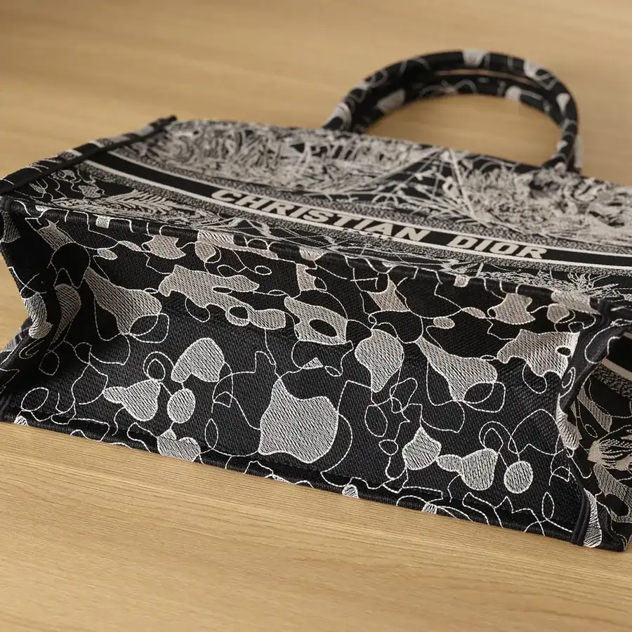 Dior Book Tote in Black with White Around the World Embroidery