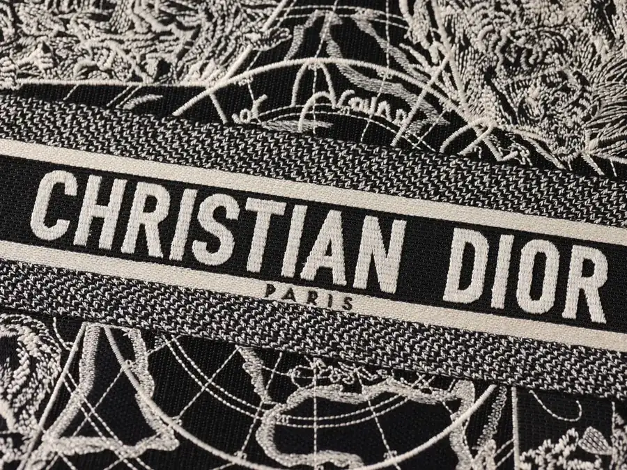 Dior Book Tote in Black with White Around the World Embroidery