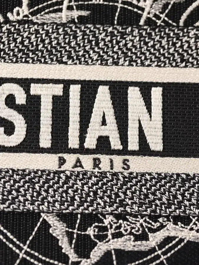 Dior Book Tote in Black with White Around the World Embroidery