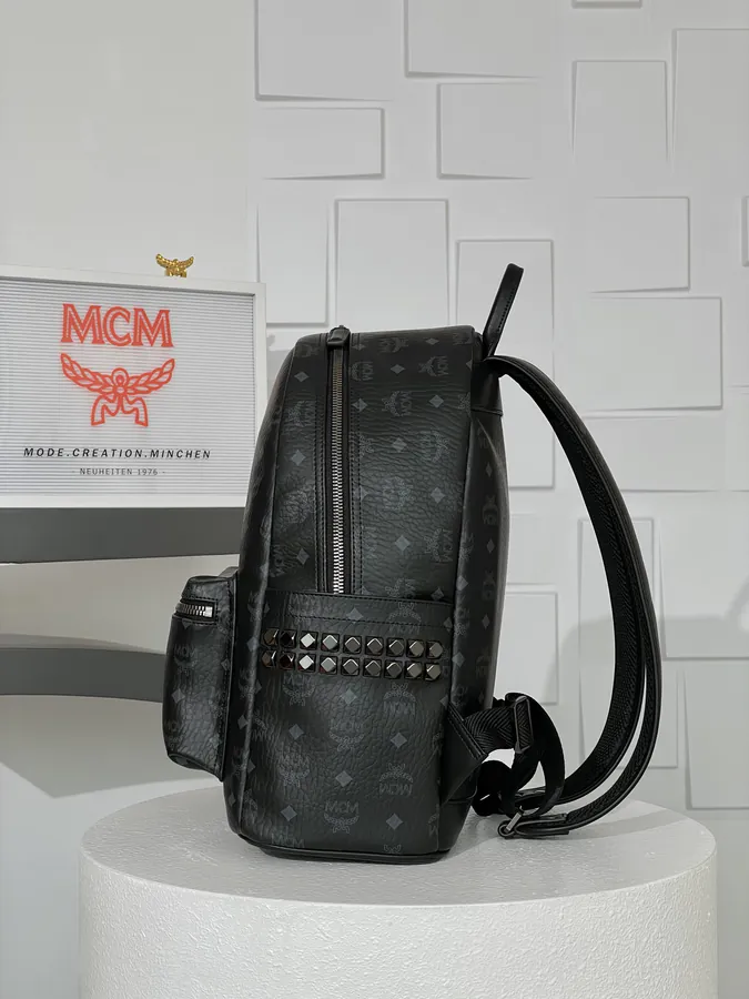 New MCM Stark Visetos Backpack Black