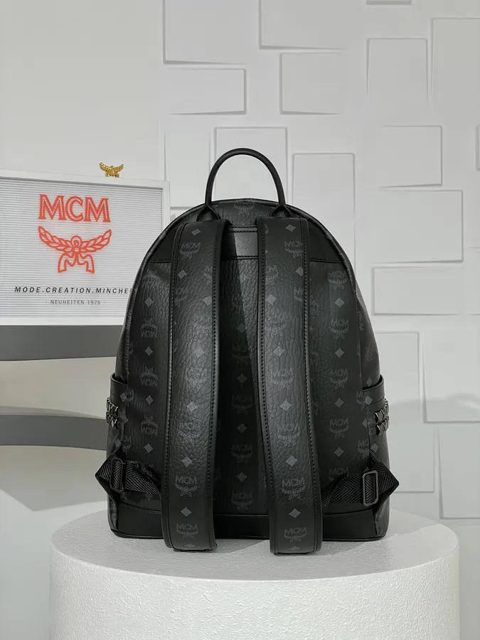 New MCM Stark Visetos Backpack Black