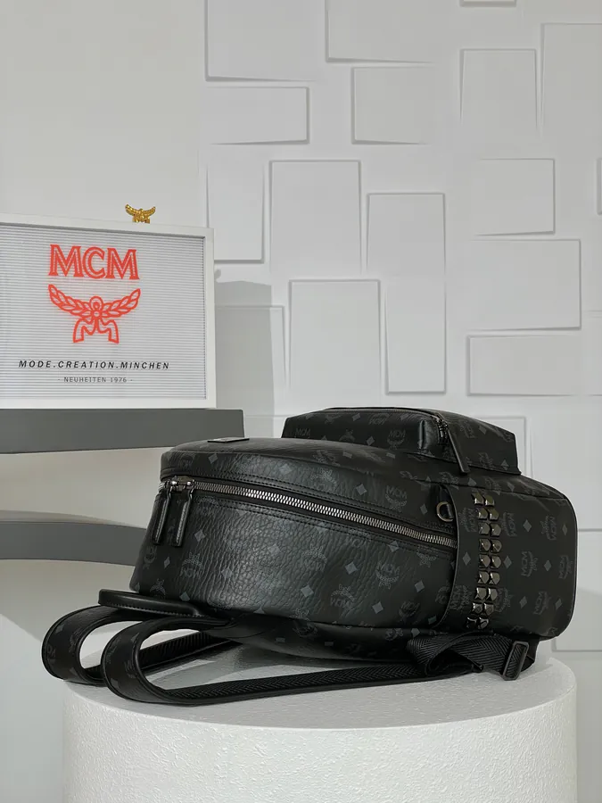 New MCM Stark Visetos Backpack Black