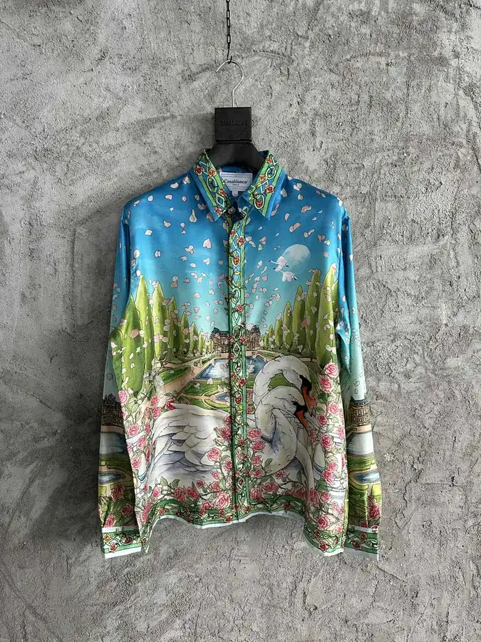 CASABLANCA 2024SS Silk Blouse with Swan Print, Custom Fabric, Laser Cut Design