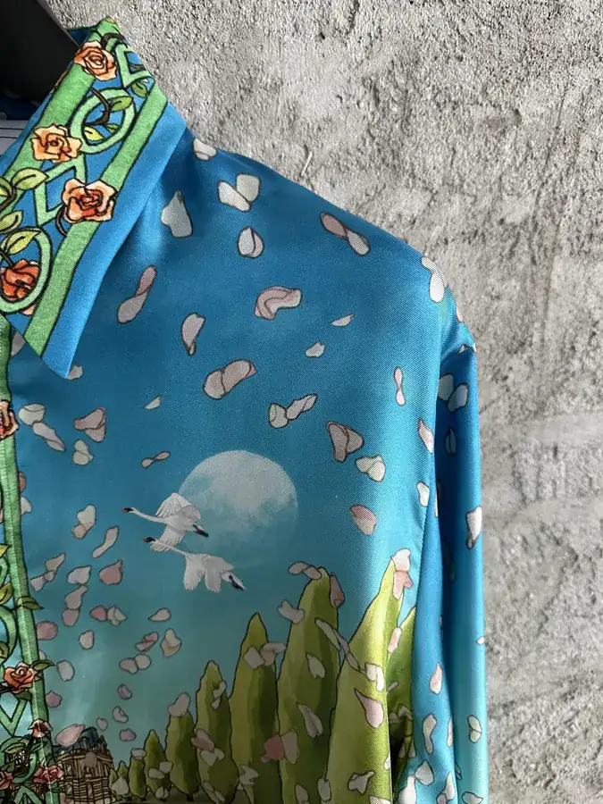 CASABLANCA 2024SS Silk Blouse with Swan Print, Custom Fabric, Laser Cut Design