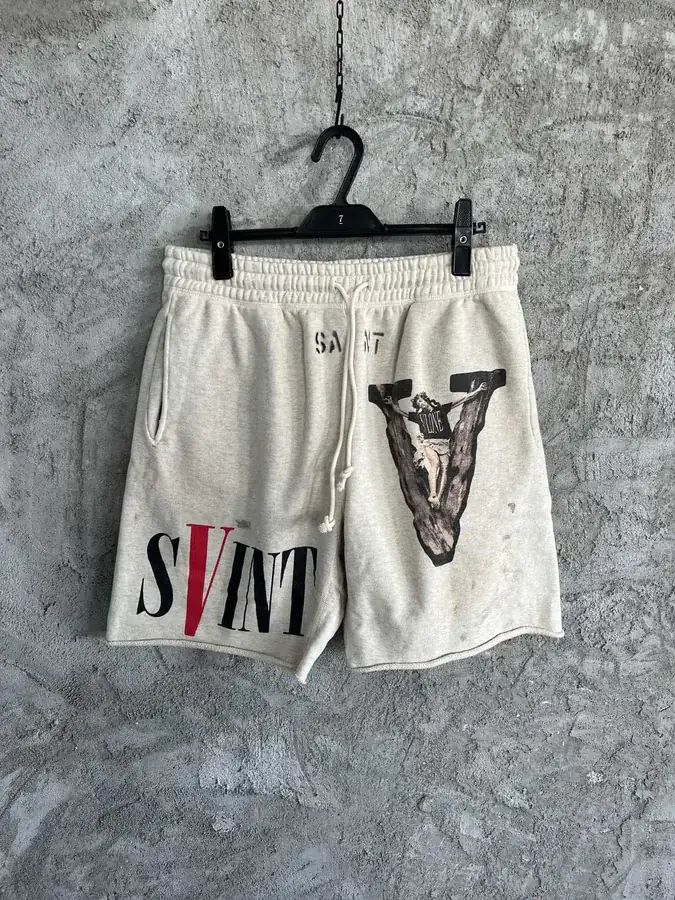 Saint Michael Print Distressed Shorts in OS Fit