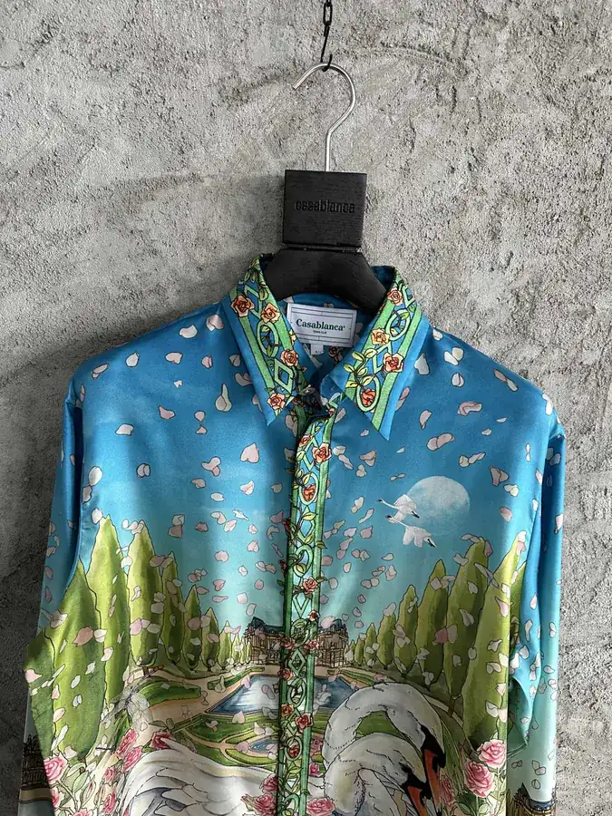 CASABLANCA 2024SS Silk Blouse with Swan Print, Size S M L XL