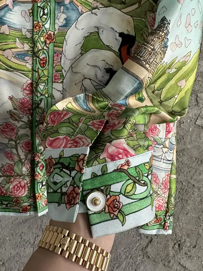 CASABLANCA 2024SS Silk Blouse with Swan Print, Size S M L XL