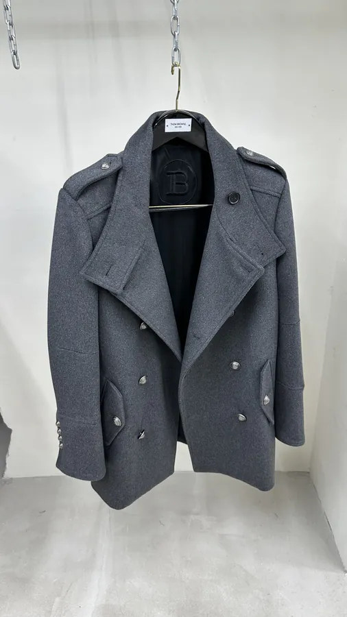 Balmain Gray Double Breasted Court Style Coat