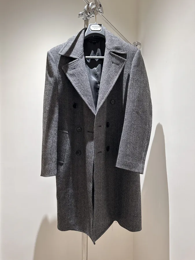 Tom Ford Long Coat Medium Length, Wool Blend, Notched Lapel, Double Button, Shoulder Patches