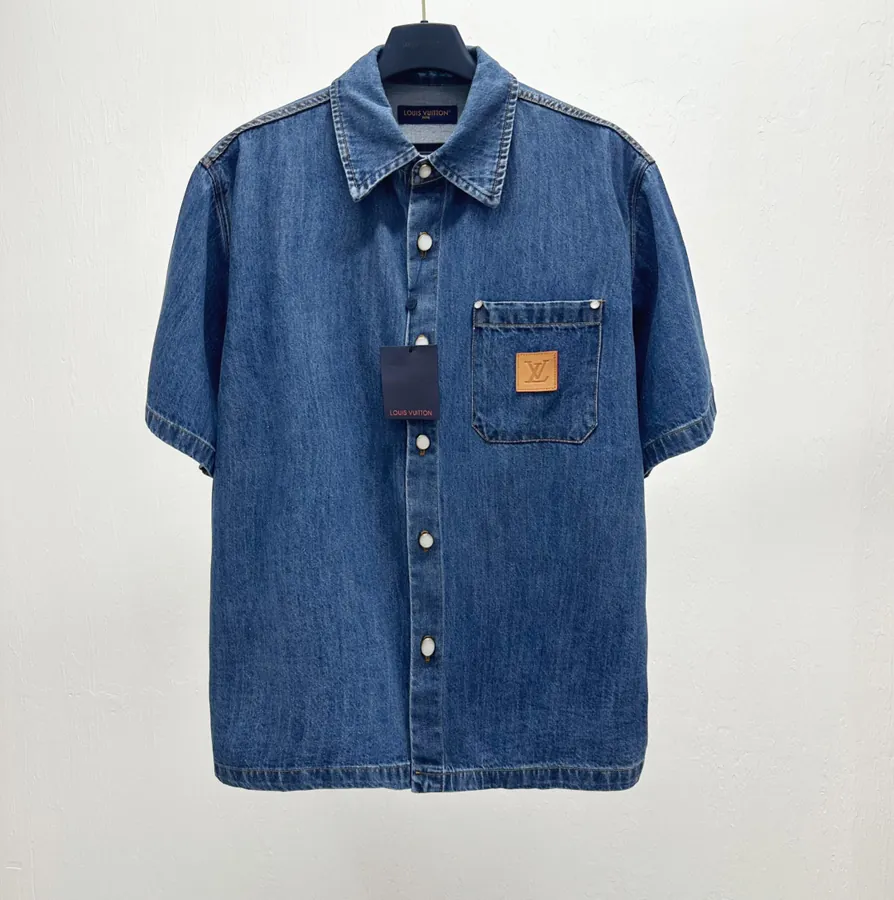 1V Logo Patchwork Calfskin Denim Short Sleeve Shirt