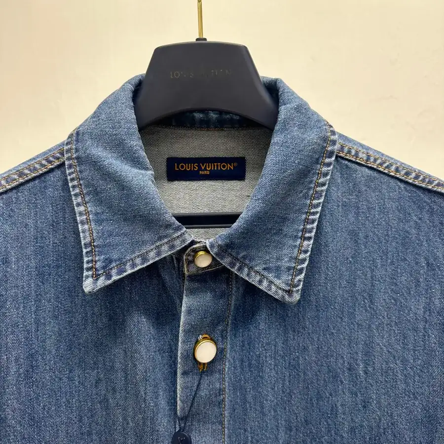 1V Logo Patchwork Calfskin Denim Short Sleeve Shirt