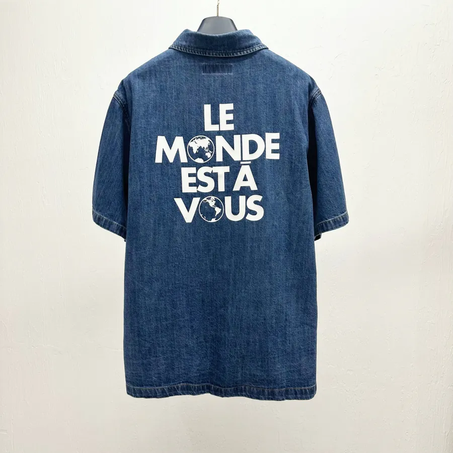 1V Logo Patchwork Calfskin Denim Short Sleeve Shirt