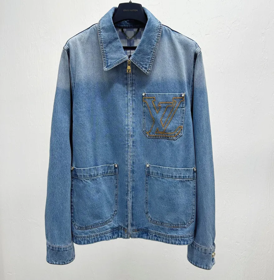 1V Embroidered Zipper Denim Jacket