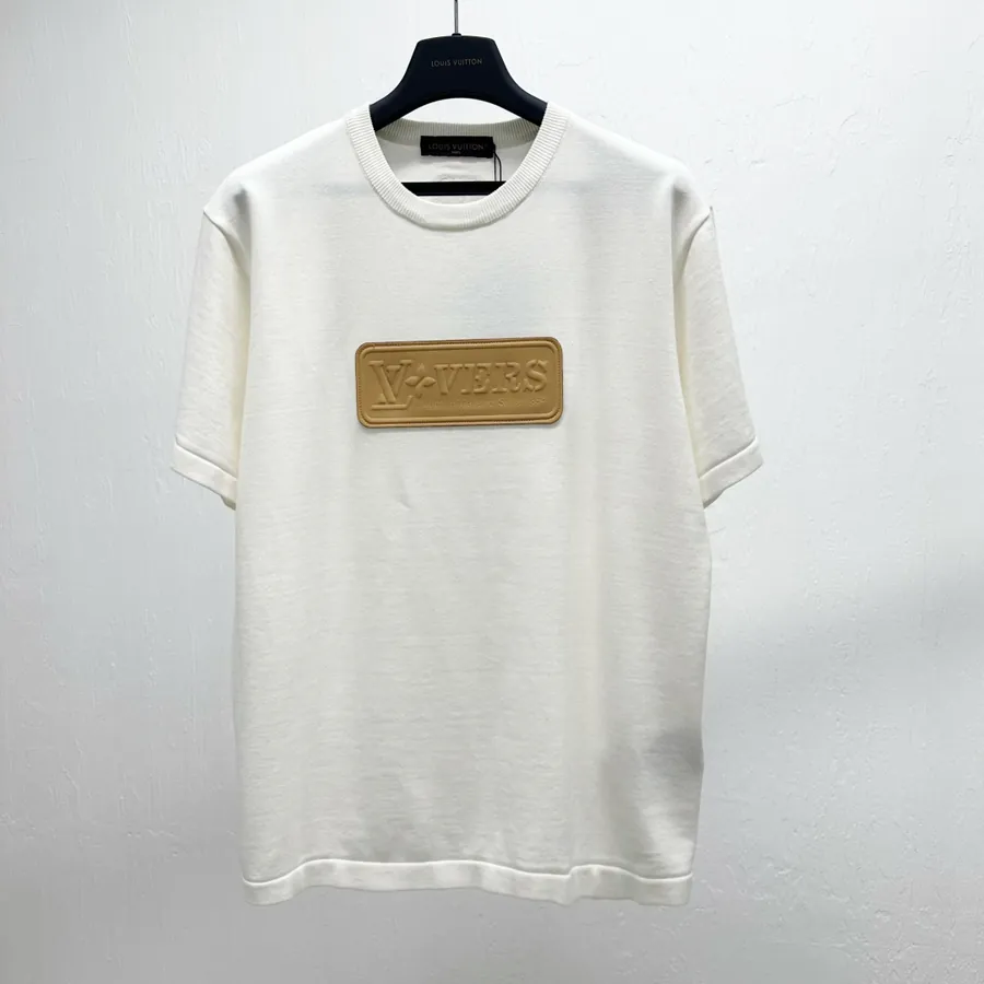 1V Knit Leather Patch Short Sleeve T Shirt