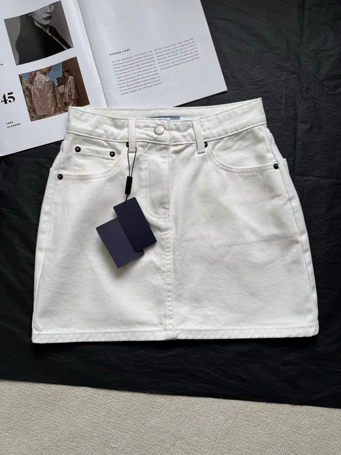 Original Quality PD 25 Spring Summer Denim Mini Skirt with Tri Logo Decor