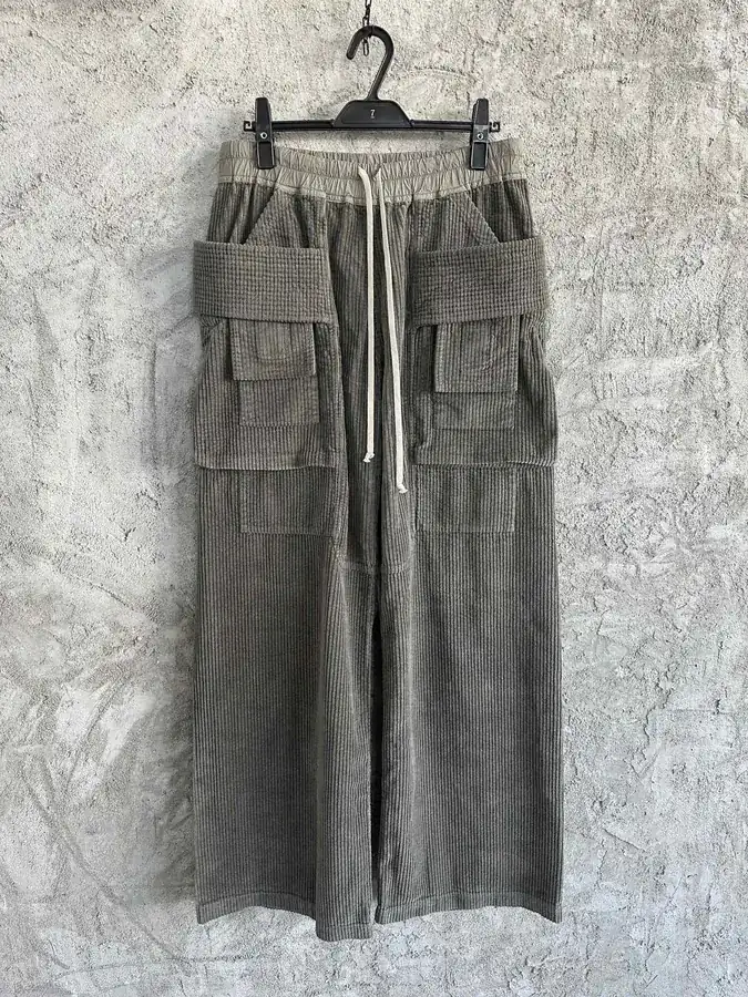 Rick Owens DEKSHDW Olive Green Twill Double Ring Wide Leg Trousers