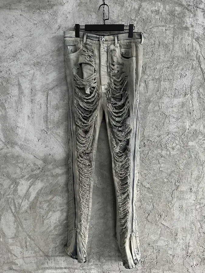Rick Owens 2023SS Destroyed Wide Leg Pants with Laser Holes and Custom Denim