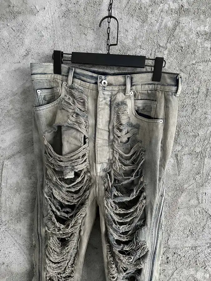 Rick Owens 2023SS Destroyed Wide Leg Pants with Laser Holes and Custom Denim