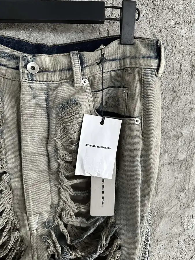 Rick Owens 2023SS Destroyed Wide Leg Pants with Laser Holes and Custom Denim
