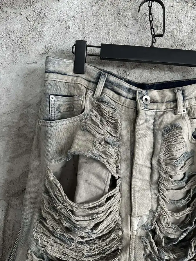 Rick Owens 2023SS Destroyed Wide Leg Pants with Laser Holes and Custom Denim