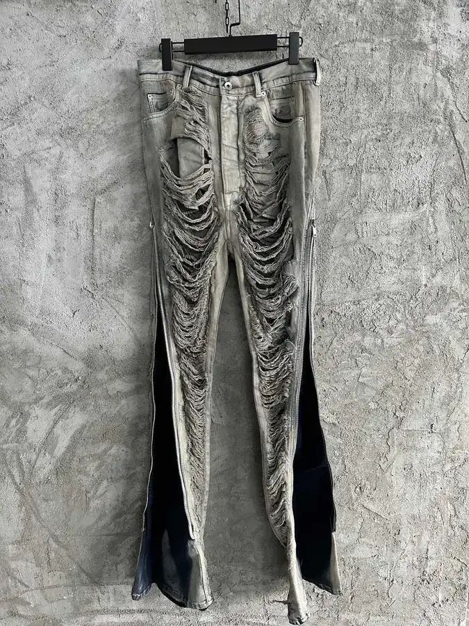 Rick Owens 2023SS Destroyed Wide Leg Pants with Laser Holes and Custom Denim