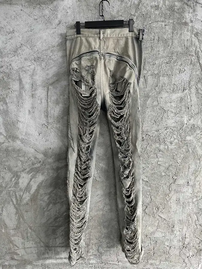 Rick Owens 2023SS Destroyed Wide Leg Pants with Laser Holes and Custom Denim