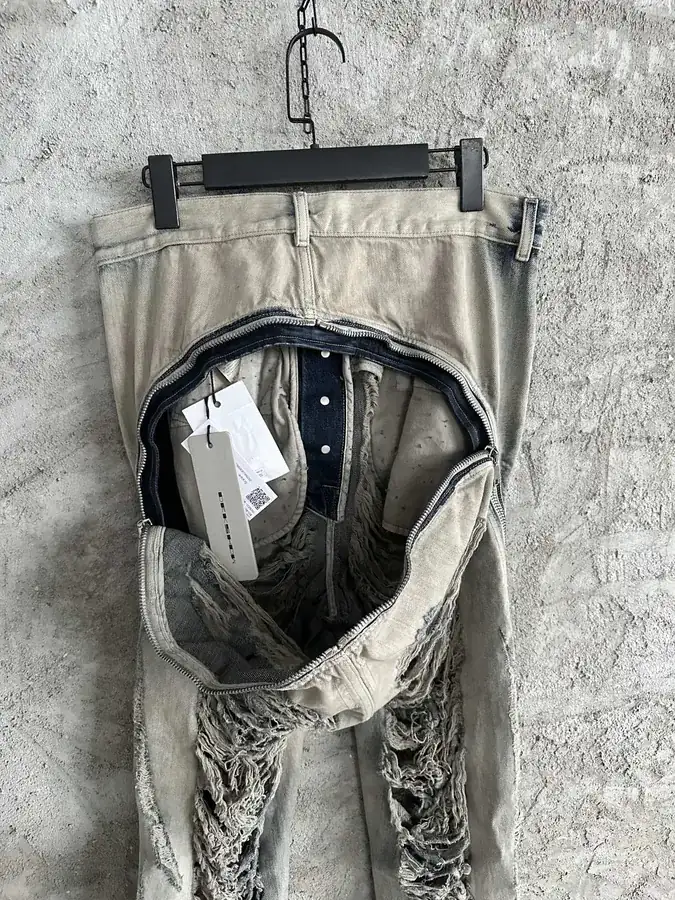 Rick Owens 2023SS Destroyed Wide Leg Pants with Laser Holes and Custom Denim