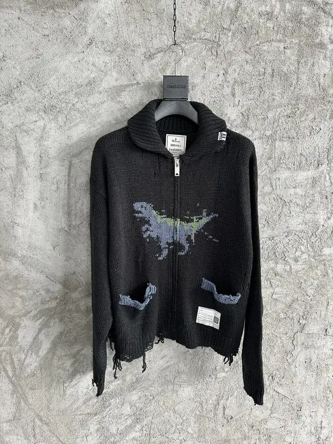 Maison MIHARA YASUHIRO 2024SS Dragon Print Handmade Ripped Vintage Sweater with Zipper