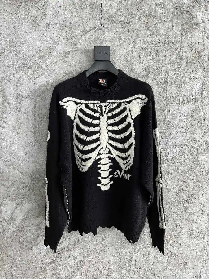 Saint Michael 2024SS Hand Embroidered Skeletal Pattern Frayed Detail Oversized Sweater
