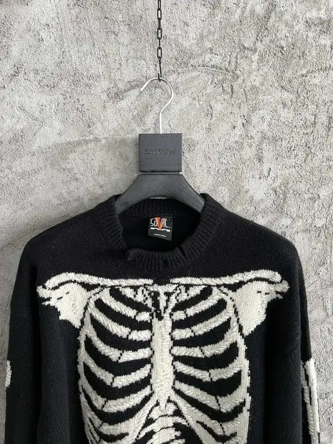 Saint Michael 2024SS Hand Embroidered Skeletal Pattern Frayed Detail Oversized Sweater