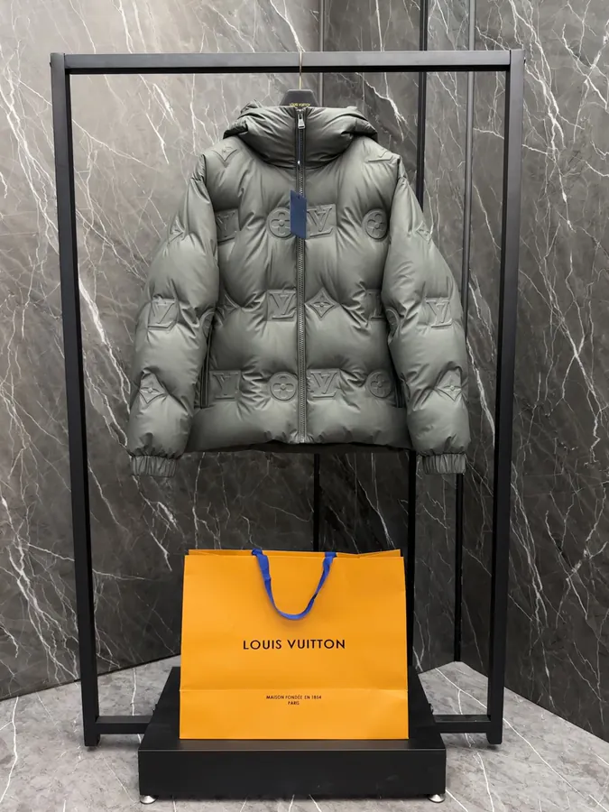 Louis Tech Leather Monogram Hooded Down Jacket