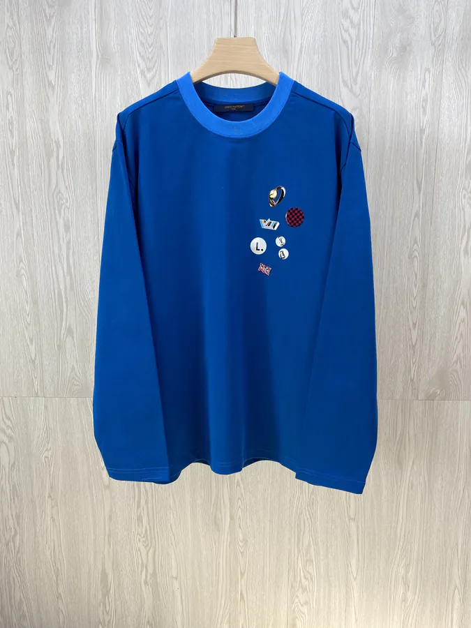 V Blue Patchwork情侣款长袖T恤