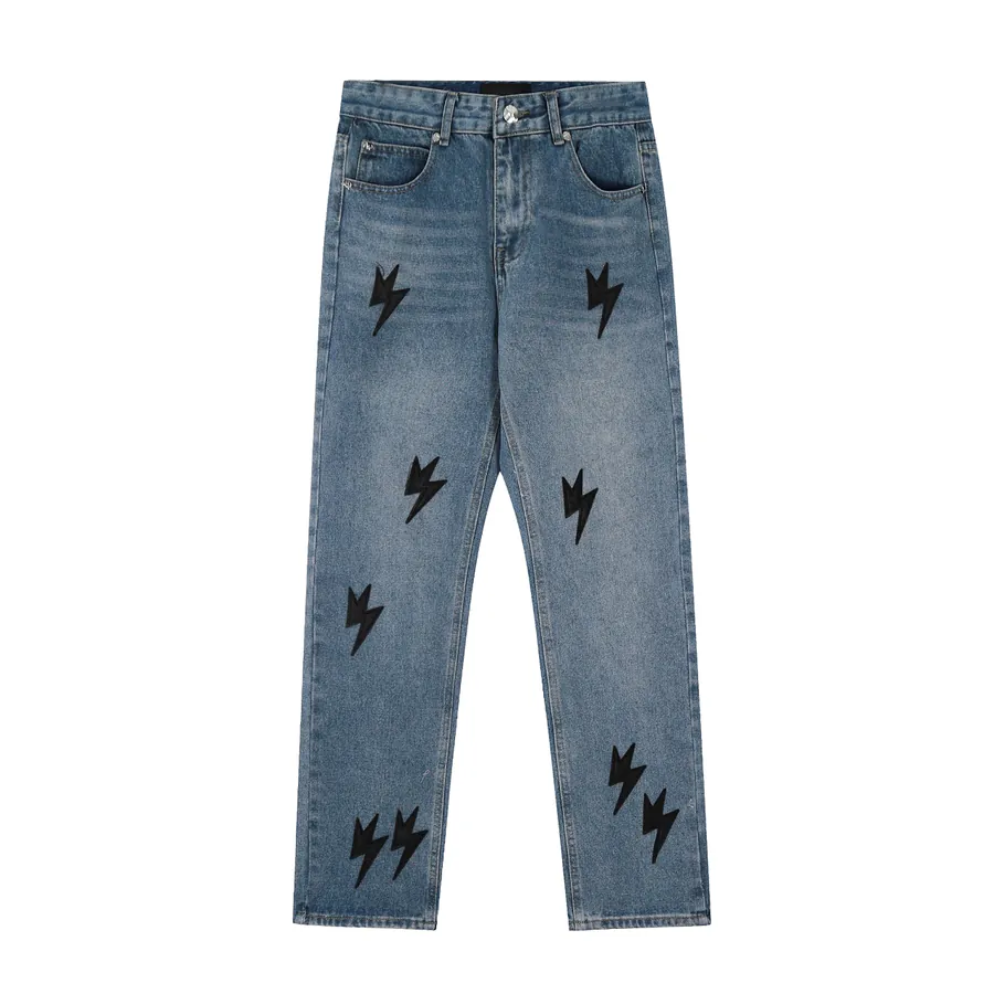 Amexnocap Classic Lightning Embossed Denim Jeans for Couples