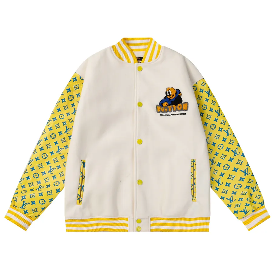 1V Dog Head Towel Embroidery Baseball Jacket with Grained Calfskin Sleeves