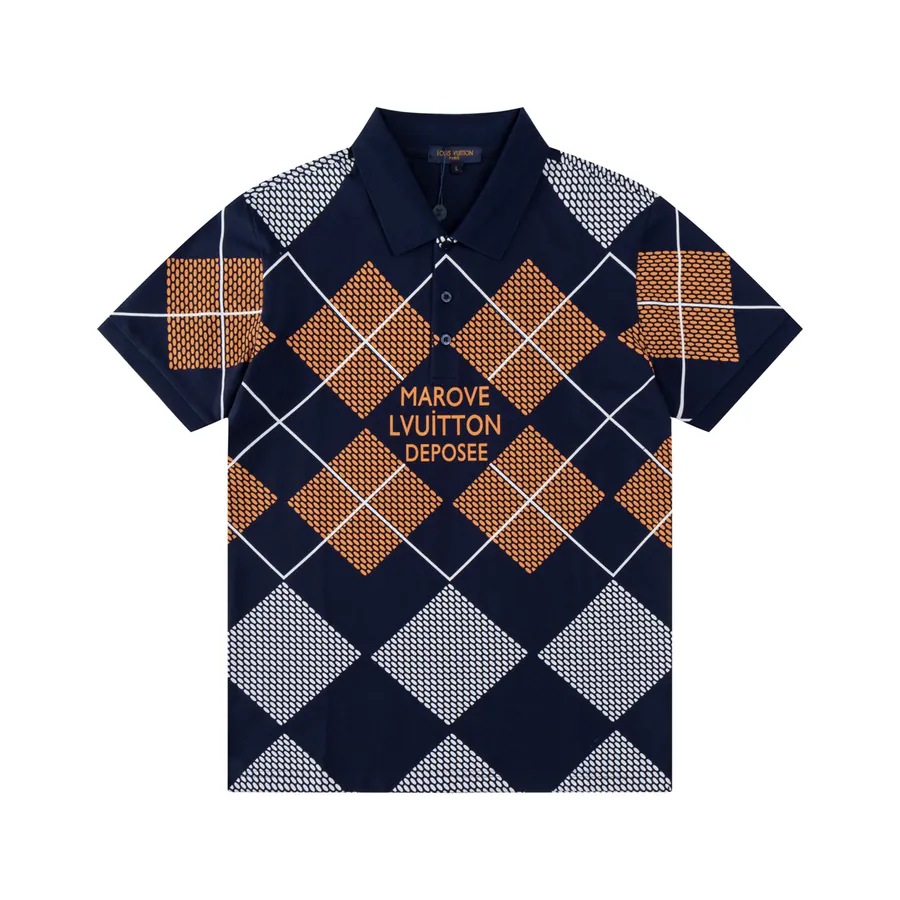 1V Pearl Letter Checkered Short Sleeve Collar