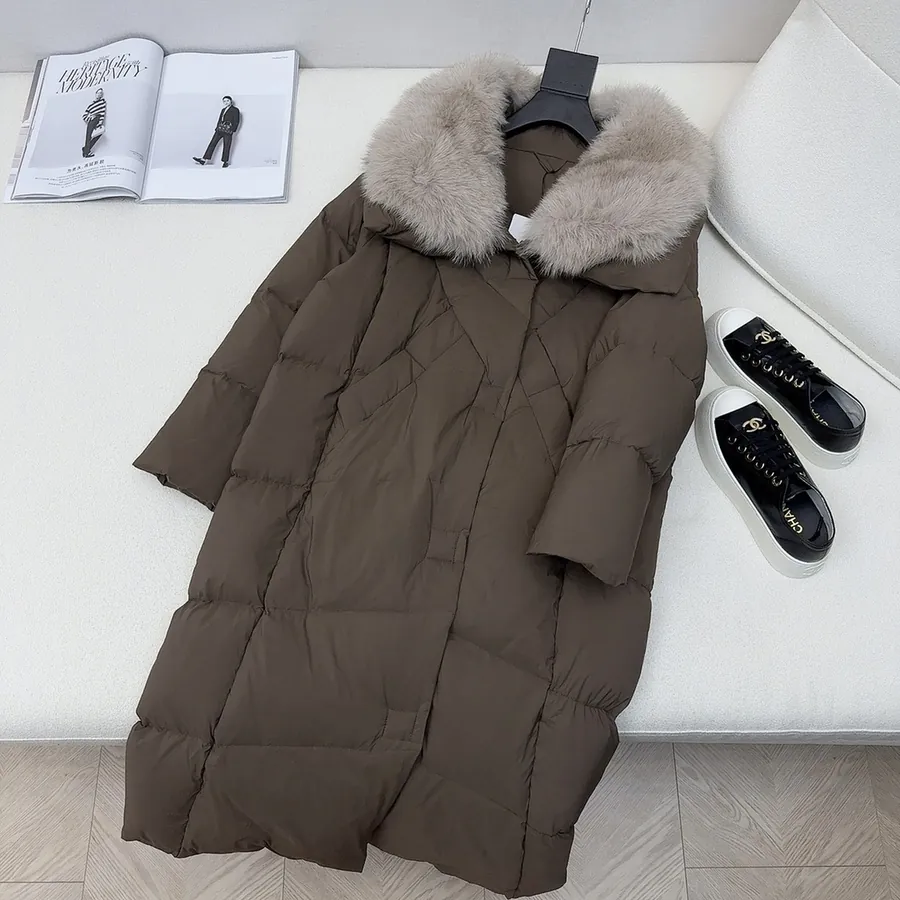MaXMara Simple Hooded Fox Fur Collar Long Down Jacket