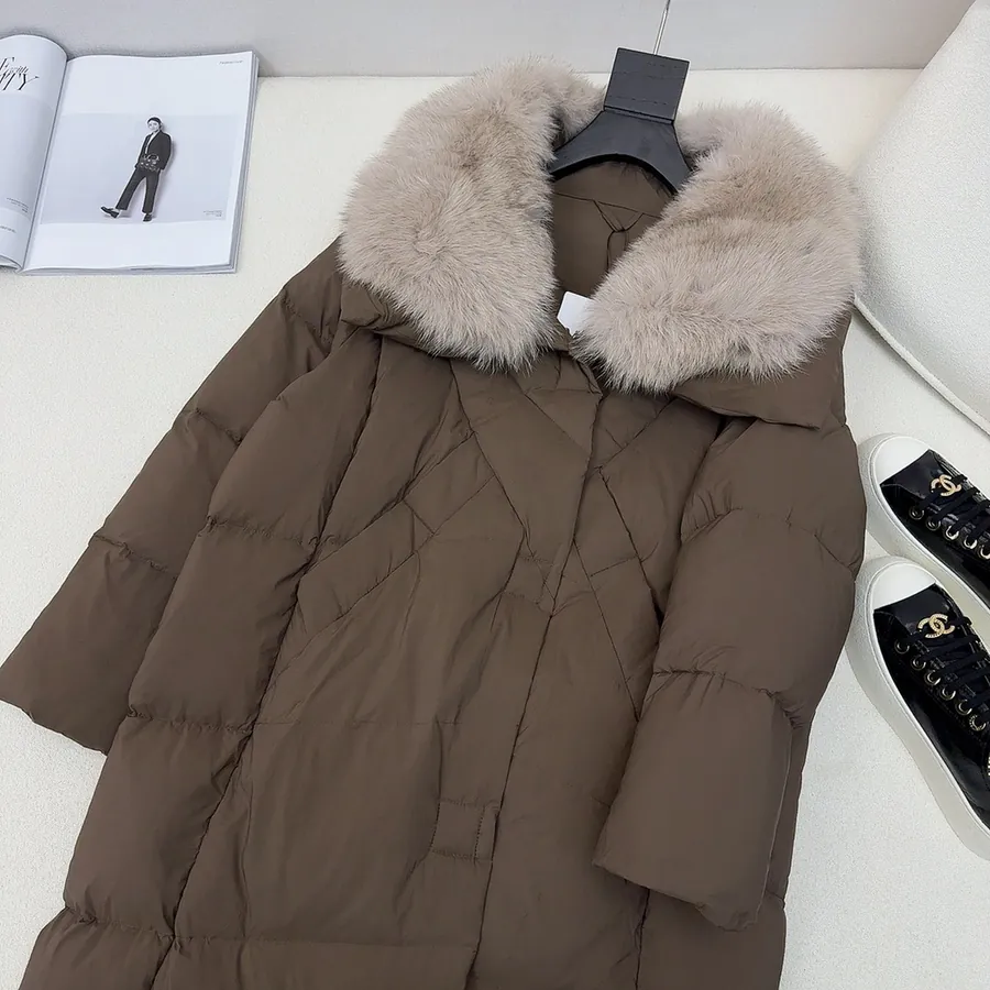 MaXMara Simple Hooded Fox Fur Long Down Coat with Dust Bag