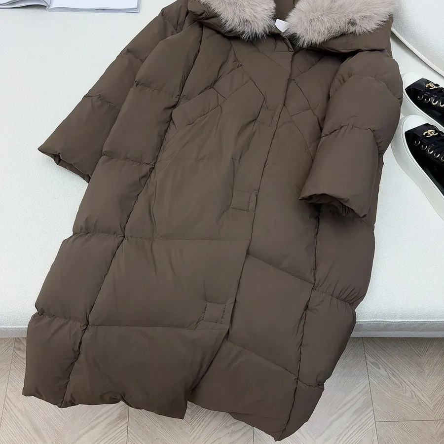 MaXMara Simple Hooded Fox Fur Long Down Coat with Dust Bag