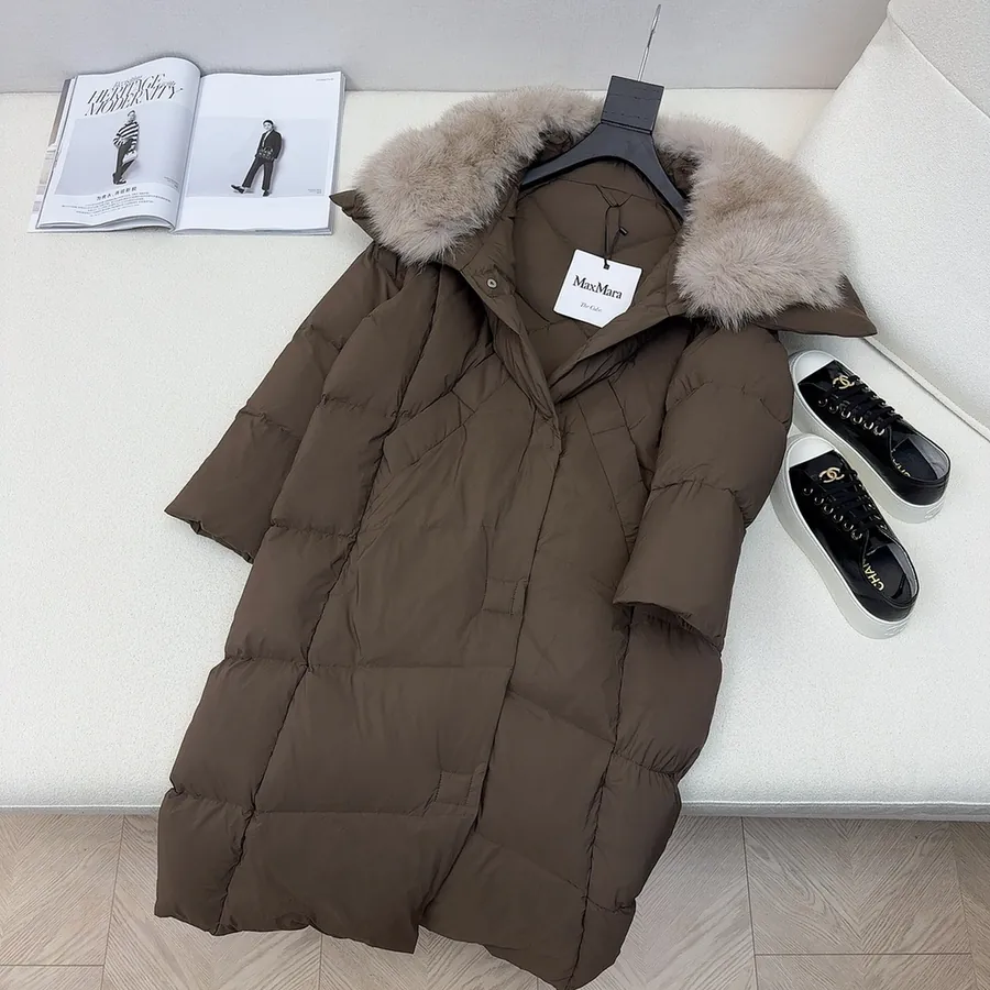 MaXMara Simple Hooded Fox Fur Long Down Coat with Dust Bag