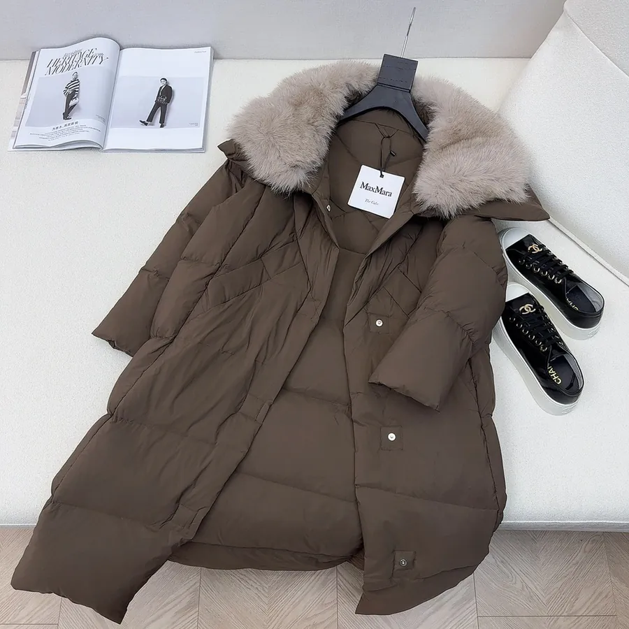 MaXMara Simple Hooded Fox Fur Long Down Coat with Dust Bag