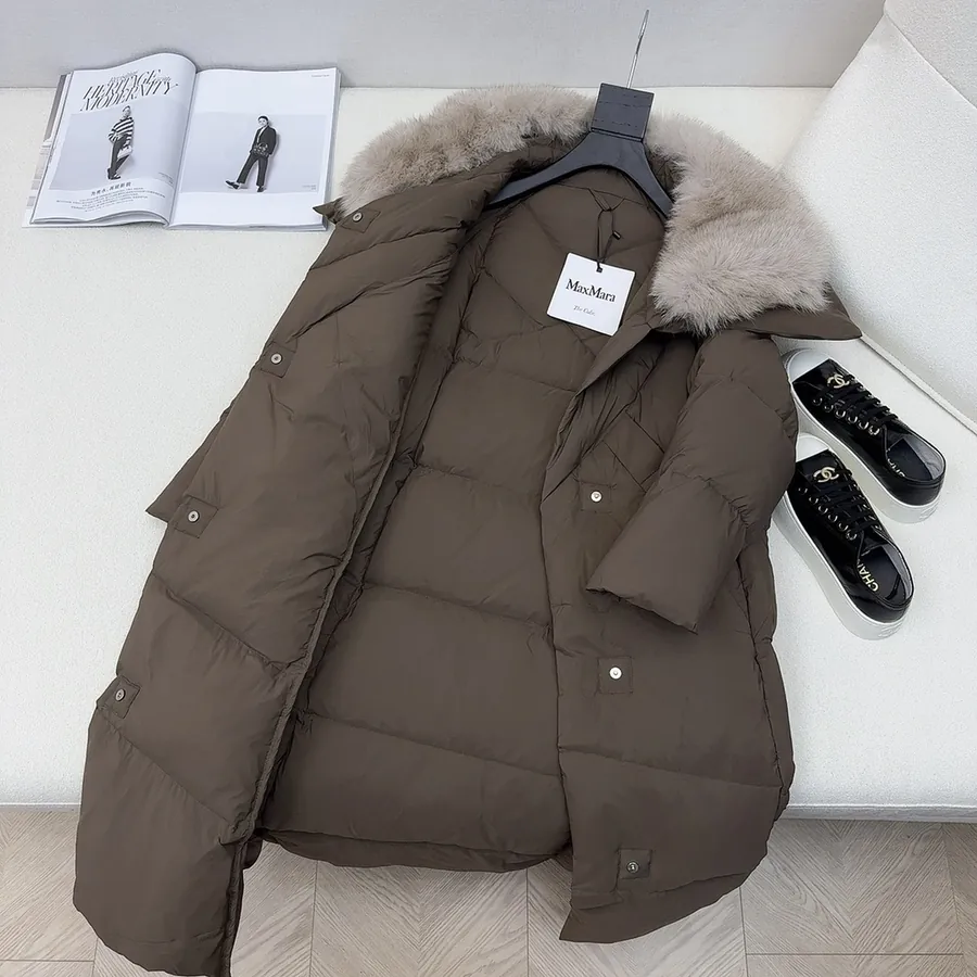 MaXMara Simple Hooded Fox Fur Long Down Coat with Dust Bag