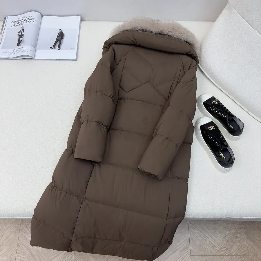 MaXMara Simple Hooded Fox Fur Long Down Coat with Dust Bag