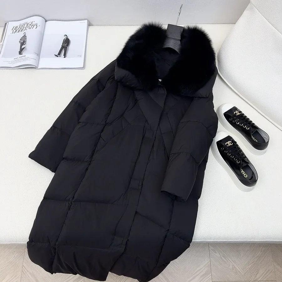 MaXMara Simple Hooded Fox Fur Long Down Coat with Dust Bag