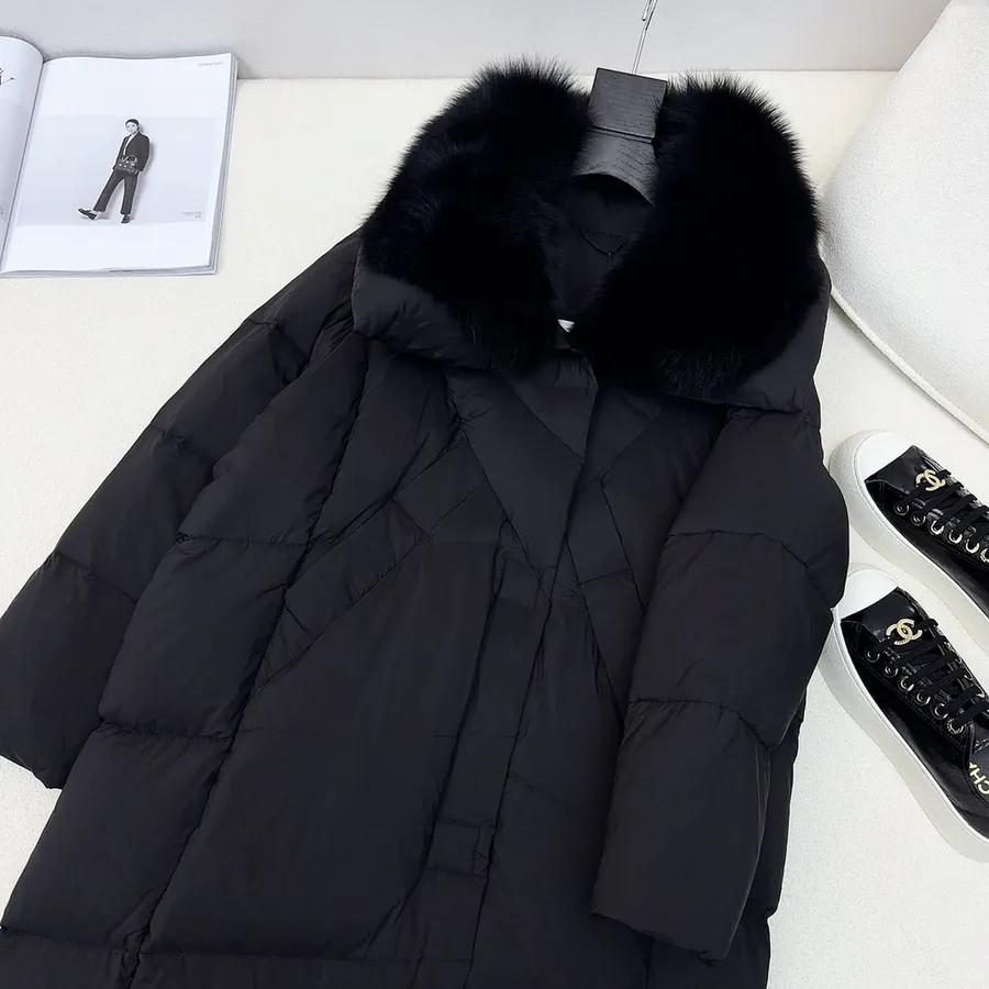 MaXMara Simple Hooded Fox Fur Long Down Coat with Dust Bag